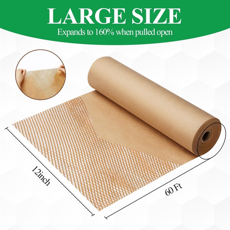 liirro Honeycomb Packing Paper Wrap 12"x60' Recycled Bubble Cushioning Wrap Roll Eco Friendly Shipping Boxes Moving Wrap Packing Supplies Material with 10 Fragile Sticker Labels - Image 2